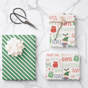 Santa Elf Typography and Stripes Kids Wrapping Paper Sheets