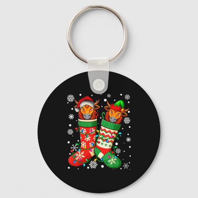 Santa Elf Yak Animal In Christmas Socks Men Women  Keychain (Front)