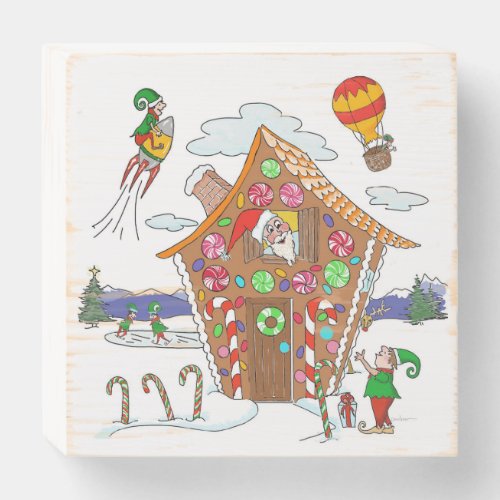 Santa Elves and Rudolph Comical Christmas Scene Wooden Box Sign