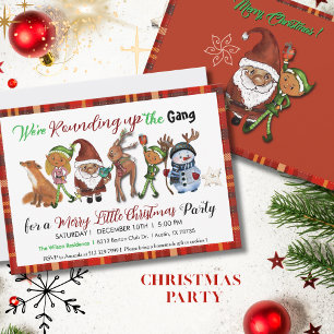 Santa, Elves, Deer & Snowman Gang Red Plaid Invitation