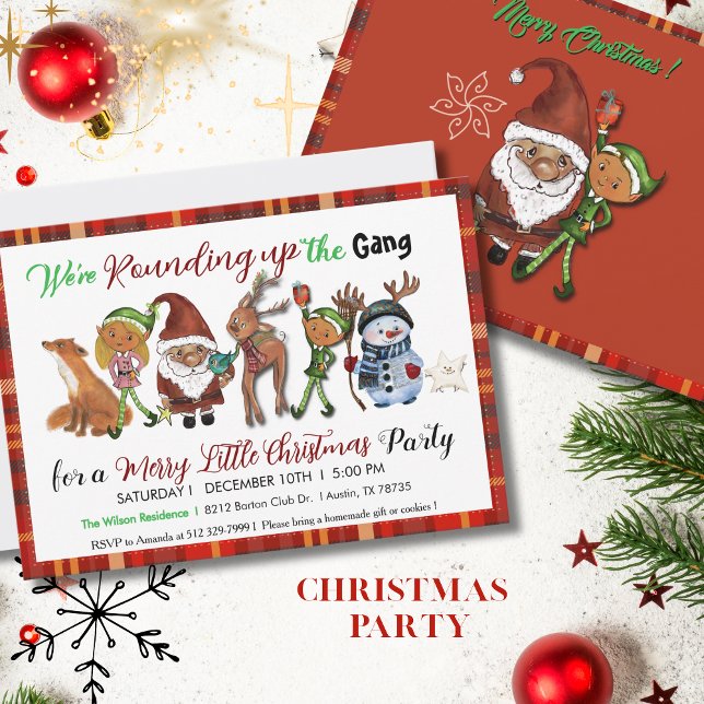 Santa, Elves, Deer & Snowman Gang Red Plaid Invitation (Santa, Elves, Deer & Snowman Gang Red Plaid Invitation)