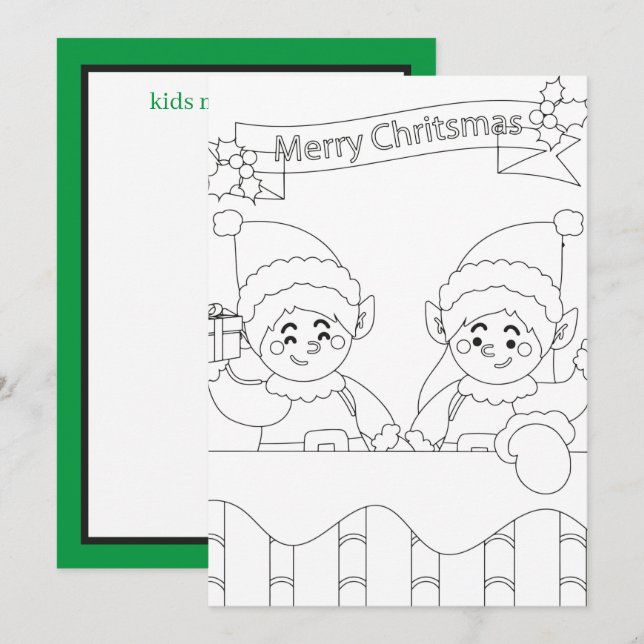 Santa elves kids coloring add message  note card (Front/Back)