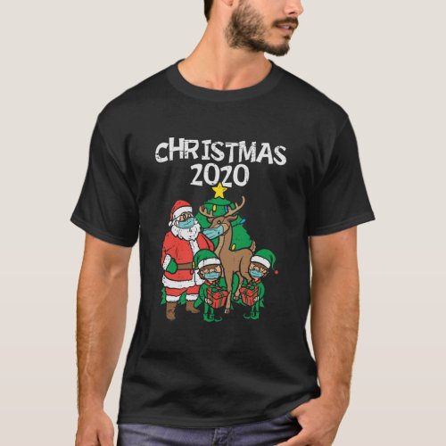Santa Elves Reindeer In Mask Christmas 2020 Quaran T_Shirt