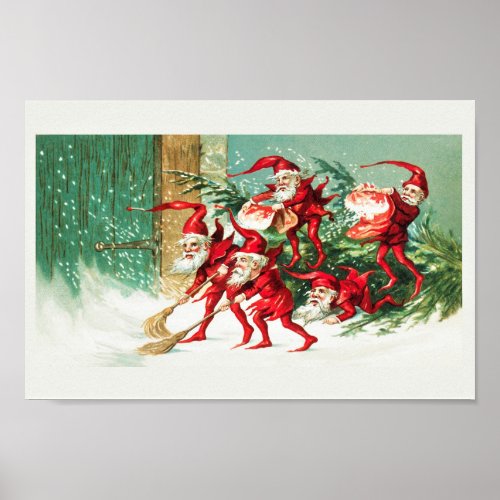 Santa elves sweeping snow poster