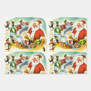 Santa & Elves Vintage Illustration 1940s Wrapping Paper Sheets