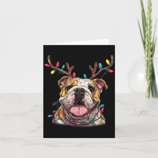 Santa English Bulldog Reindeer Light Christmas  Card (Front)