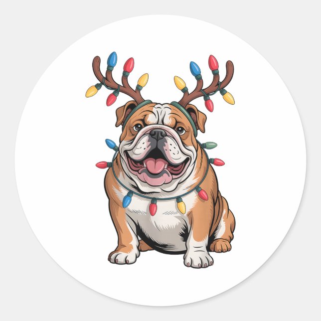 Santa English Bulldog Reindeer Light Christmas  Classic Round Sticker (Front)