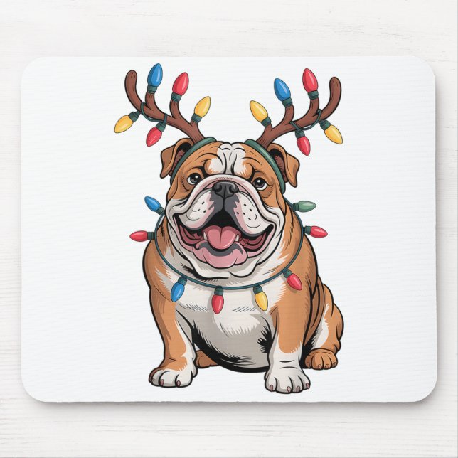 Santa English Bulldog Reindeer Light Christmas  Mouse Pad (Front)