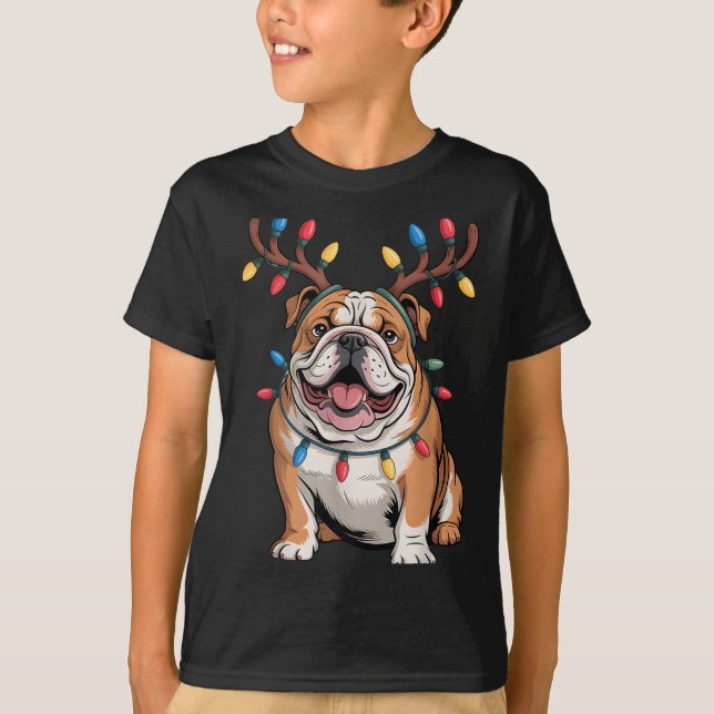Santa English Bulldog Reindeer Light Christmas  T-Shirt (Front)