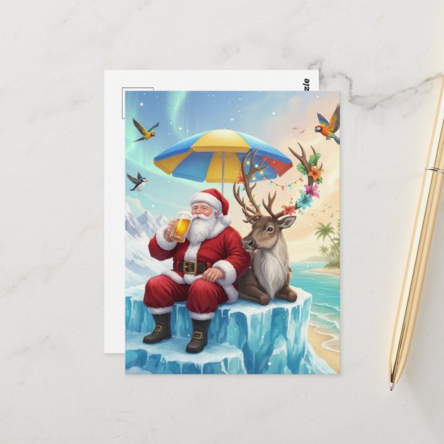 Santa Enjoys a Beer On an Iceberg Vacation Postcard (Front/Back In Situ)