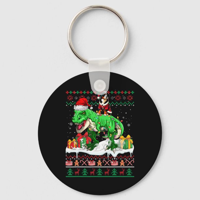 Santa Entlebucher Mountain Riding T-rex Christmas  Keychain (Front)