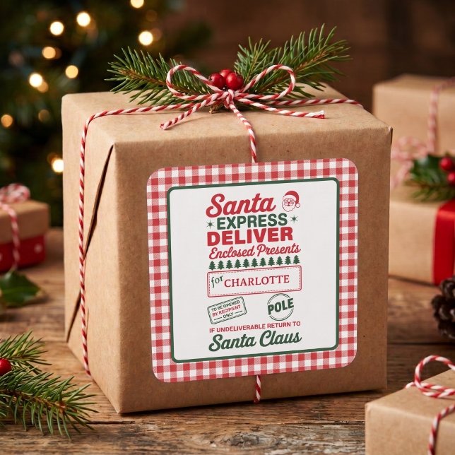 Santa Express Delivery Christmas Plaid Square Sticker (Creator Uploaded)