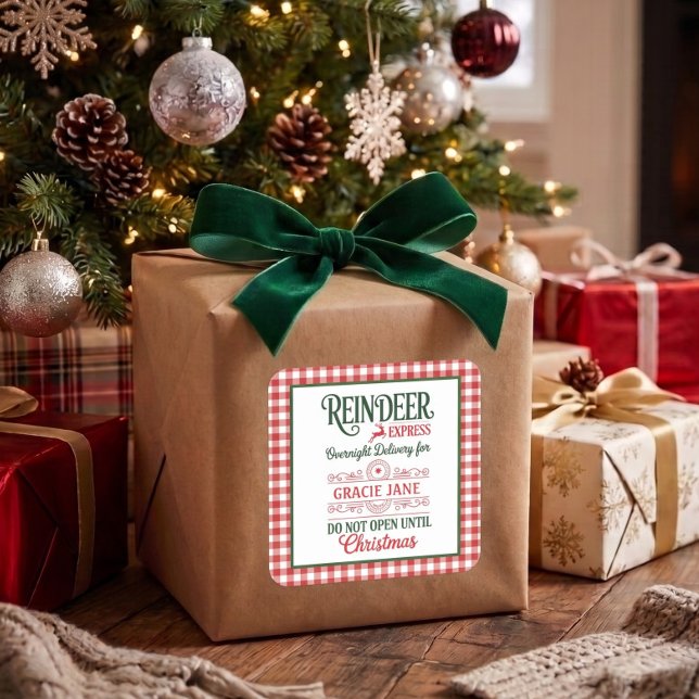 Santa express delivery plaid square sticker (Creator Uploaded)