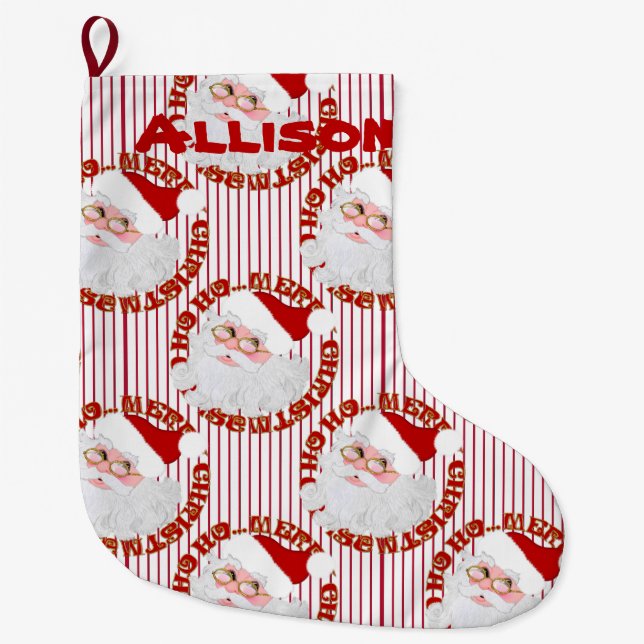 Santa Face-Stripes-Personalized Christmas Stocking (Front)