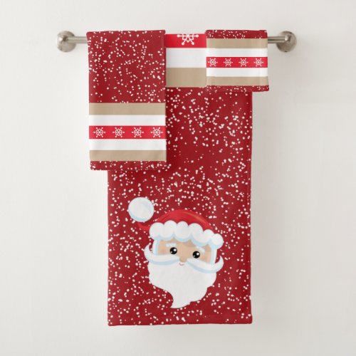 Santa face winter snow on red tan snowflake stripe bath towel set