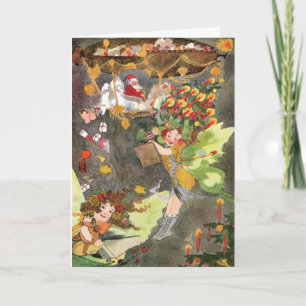 SANTA & FAIRIES Air Ship Blimp Vintage Christmas Holiday Card