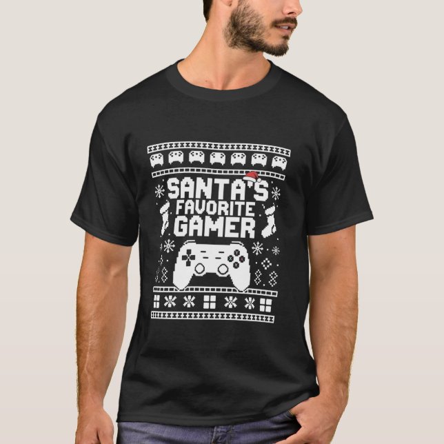 Santa Favorite Gamers Ugly Christmas Pajama T-Shirt (Front)