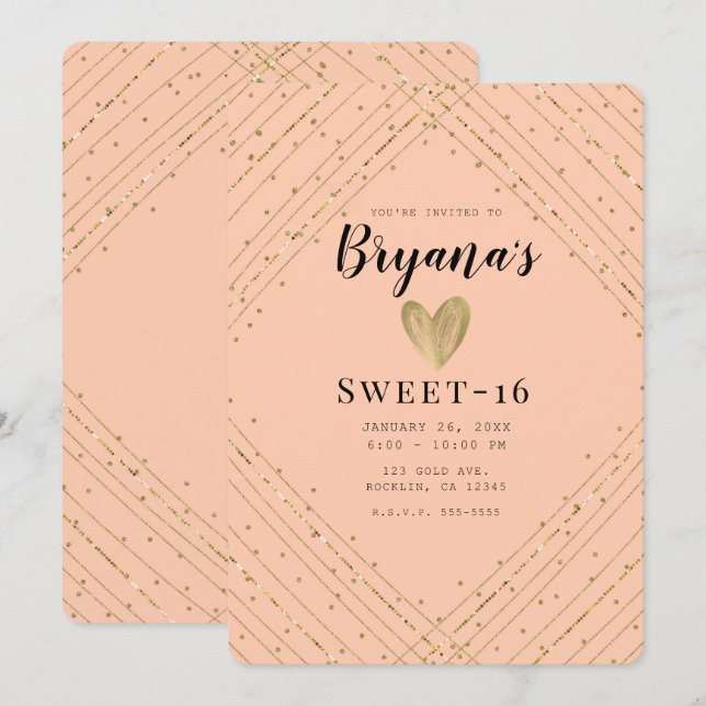 Santa Fe Pink & Gold Glitter Sweet 16 Birthday Invitation (Front/Back)