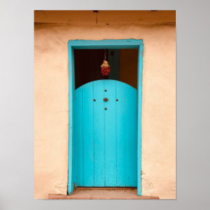 Santa Fe Red Chili Ristras Turquoise Door NM Poster