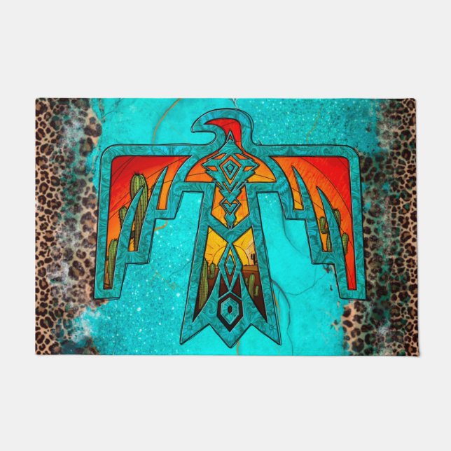 Santa Fe Thunderbird Turquoise Marble Leopard Doormat (Front)