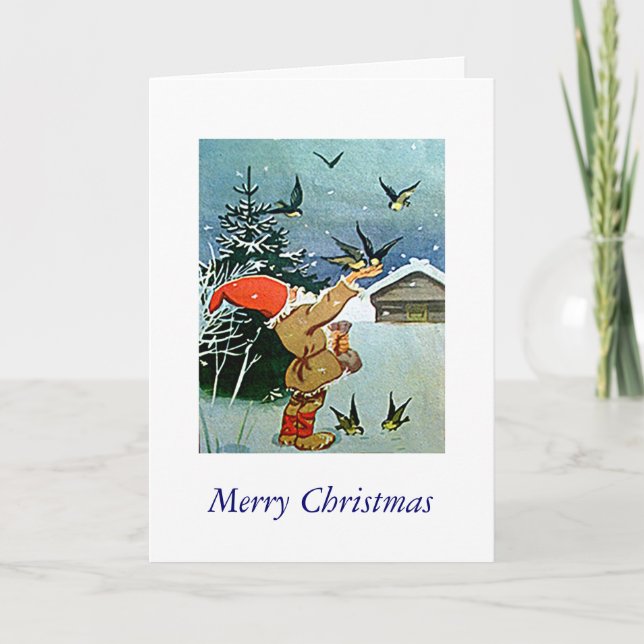 Santa feeding birds by hand in Christmas snow card (Front)