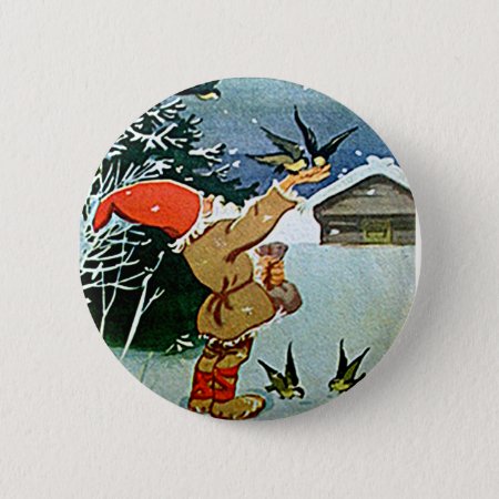 Santa Feeding Birds By Hand In Snow Pinback Button