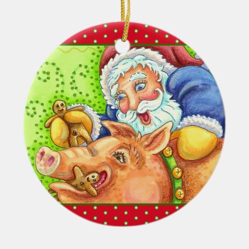 SANTA FEEDING CHRISTMAS HOG GINGERBREAD MAN Funny Ceramic Ornament