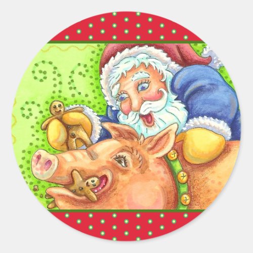 SANTA FEEDING CHRISTMAS HOG GINGERBREAD MAN Funny Classic Round Sticker