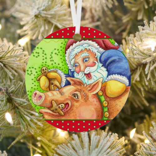 SANTA FEEDING CHRISTMAS HOG GINGERBREAD MAN Funny Metal Ornament