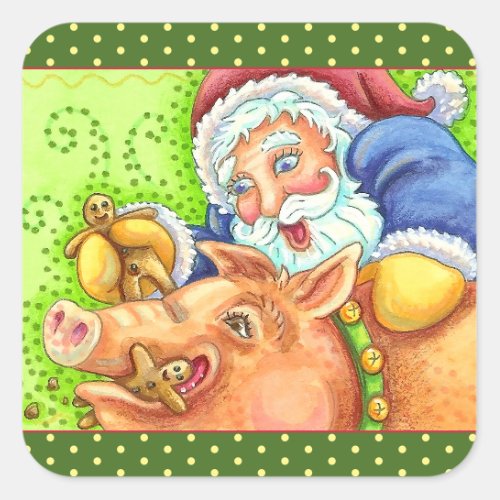 SANTA FEEDING CHRISTMAS HOG GINGERBREAD MAN Funny Square Sticker