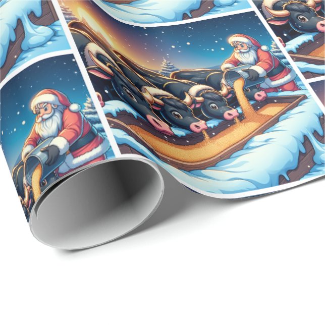 Santa Feeding His Cows Christmas Wrapping Paper (Roll Corner)