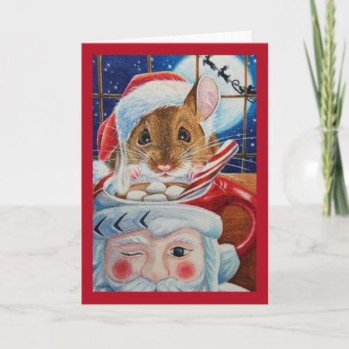 Santa Field Mouse with Hot Cocoa Watercolor Art Card