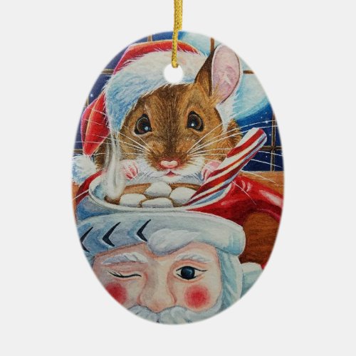 Santa Field Mouse with Hot Cocoa Watercolor Art Ceramic Ornament
