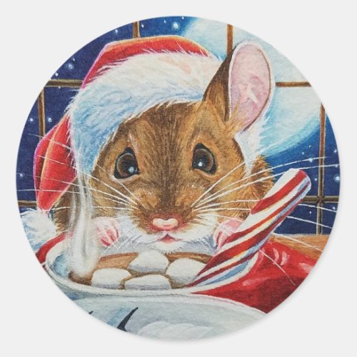 Santa Field Mouse with Hot Cocoa Watercolor Art Cl Classic Round Sticker