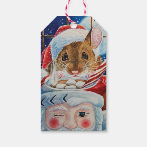 Santa Field Mouse with Hot Cocoa Watercolor Art Gi Gift Tags