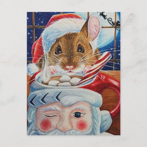 Santa Field Mouse with Hot Cocoa Watercolor Art Postcard