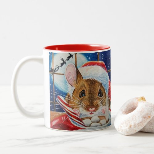 Santa Field Mouse with Hot Cocoa Watercolor Art Two_Tone Coffee Mug