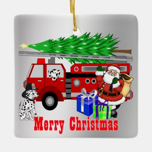 Santa Fire Truck and Dogs Christmas Ceramic Ornament