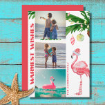 Santa Flamingo 3 PHOTO Tropical Beach Christmas Holiday Card<br><div class="desc">This tropical beach themed holiday Warmest Wishes Christmas greeting card features a watercolor pink flamingo wearing a Santa hat and long striped socks standing under a palm tree decorated with ornaments and string lights. Personalize with three photos, your signature or any greeting that you wish to add. Thanks for stopping...</div>