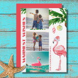 Santa Flamingo 3 PHOTO Tropical Beach Christmas Holiday Card<br><div class="desc">This tropical beach themed holiday Warmest Wishes Christmas greeting card features a watercolor pink flamingo wearing a Santa hat and long striped socks standing under a palm tree decorated with ornaments and string lights. Personalize with three photos, your signature or any greeting that you wish to add. Created by MI...</div>