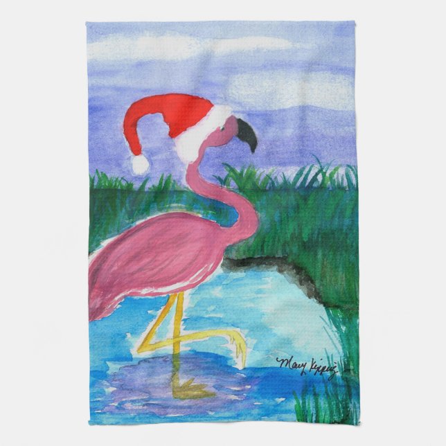 Santa Flamingo art kitchen towel (Vertical)