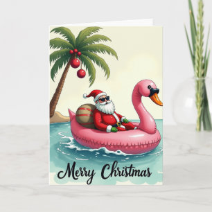Santa Flamingo Float Merry Christmas Tropical Card