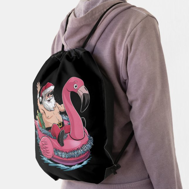 Santa Flamingo Floatie Christmas In July Summer Drawstring Bag (Insitu)