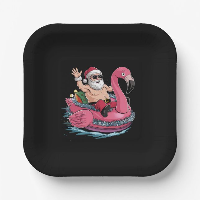 Santa Flamingo Floatie Christmas In July Summer Paper Plates (Front)