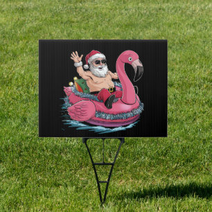 Santa Flamingo Floatie Christmas In July Summer Sign