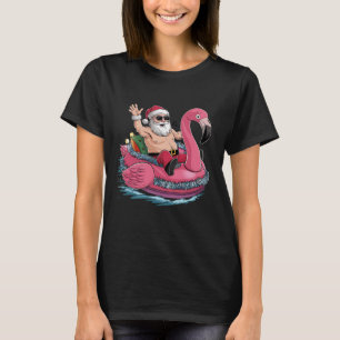 Santa Flamingo Floatie Christmas In July Summer T-Shirt