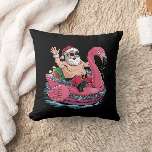 Santa Flamingo Floatie Christmas In July Summer Throw Pillow