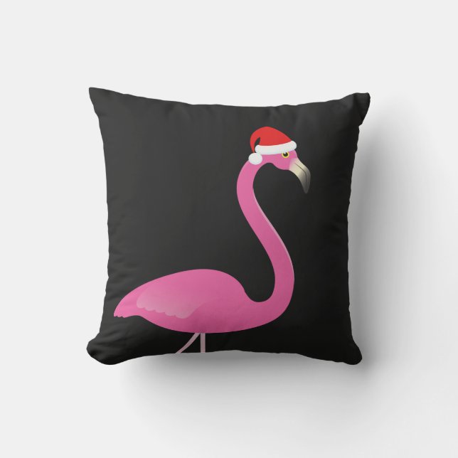 Santa Flamingo on Black Outdoor Pillow (Front)