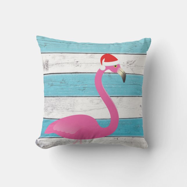 Santa Flamingo on Striped Outdoor Pillow (Front)