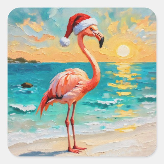 Santa Flamingo on the Beach Square Sticker (Front)